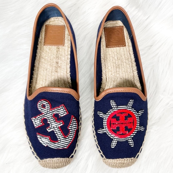 SOLD-Tory Burch Nautical Anchor & Logo Flat Slip On Navy Blue Canvas Espadrilles - Picture 4 of 10